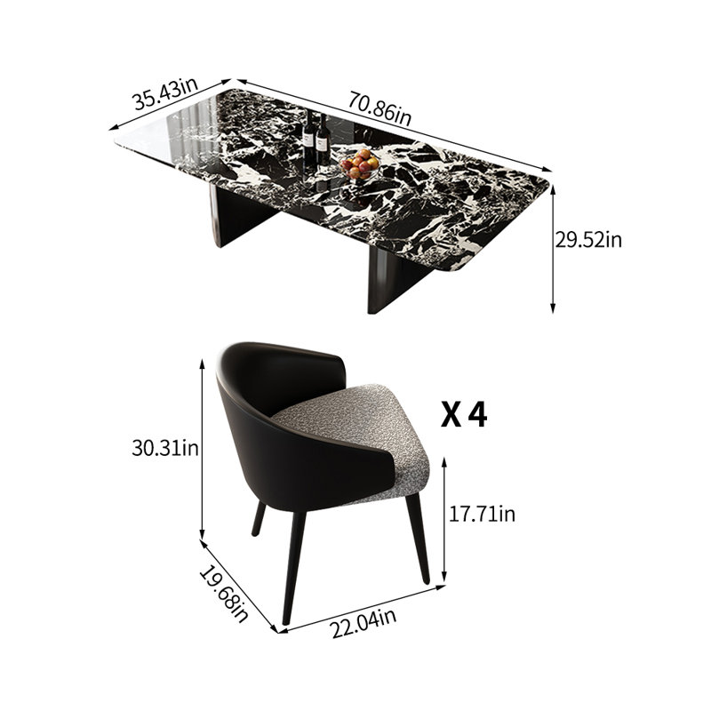 Modern rectangular luxury marble dining table set, 29.52"H x 70.86"L x 35.43"W
