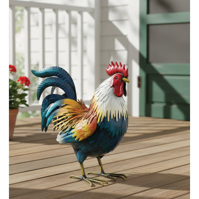 Golden Duckwing Rooster Metal Garden Statue with Detailed Feather Textures and Weather Resistant Hand Painted Finish