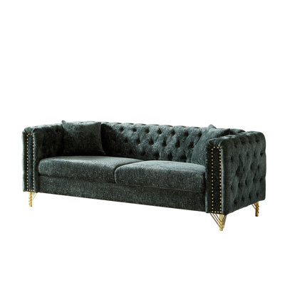 Salon en chenille moderne de 82 pouces - 3 sièges avec boucle à tirer, boutons, garniture cloutée en cuivre et accoudoirs en métal fixant 3 pieds