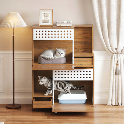 Meuble pour chat moderne 2 en 1 - Enceinte pour litière et chat avec rangement pour 2 chats - Brun