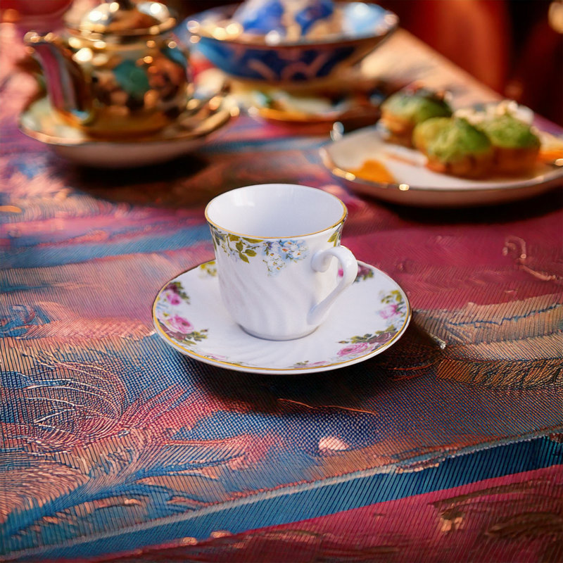 Priya 7-oz Porcelain Teacup and Saucer set, floral & 24k gold trim (Service for 6)