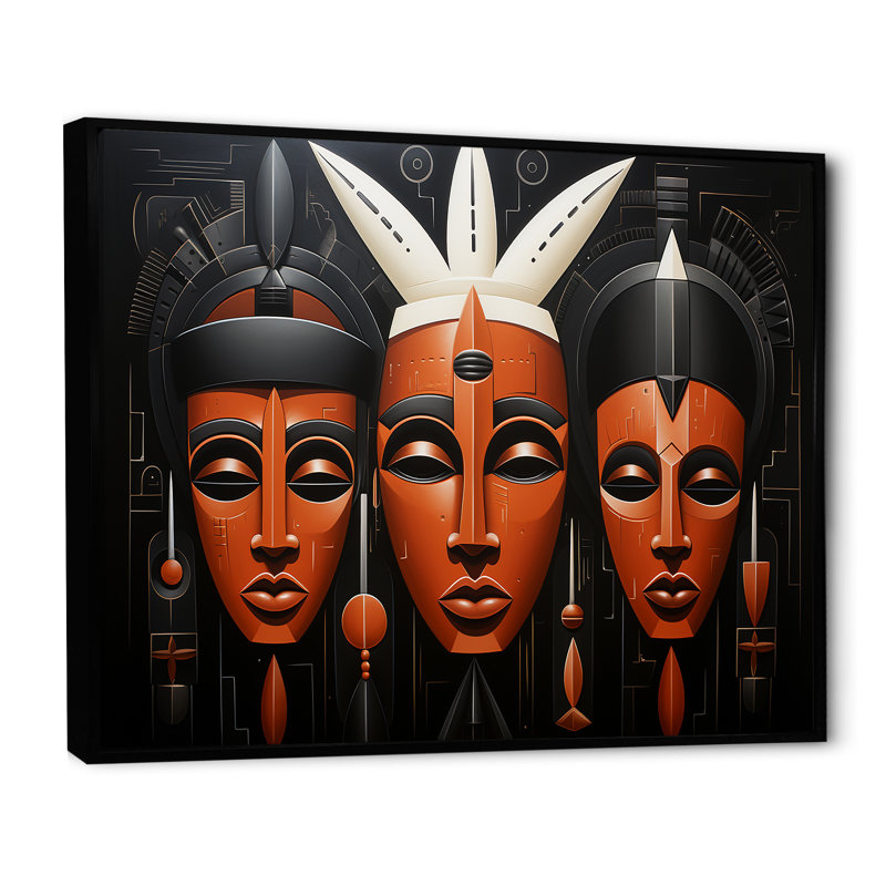 Masque africain noir et orange Kuba, Cadre flottant noir, H 34 po x l 44 po x P 1,5 po
