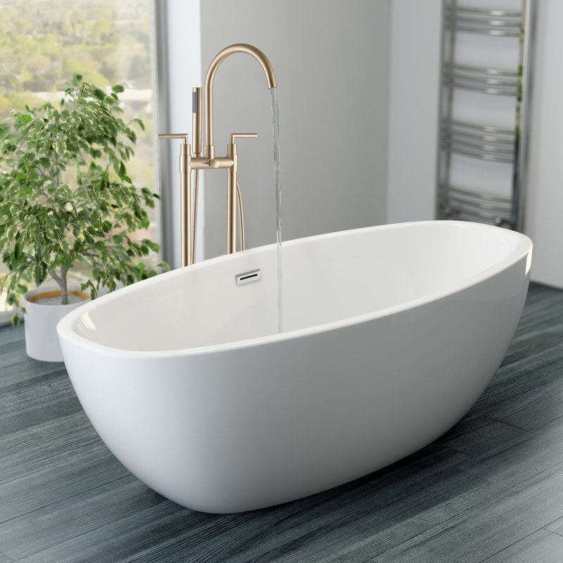 46"H Solid Brass 2 Handle Floor Mounted Tub Faucet With Diverter And Handleshower, Brushed Gold