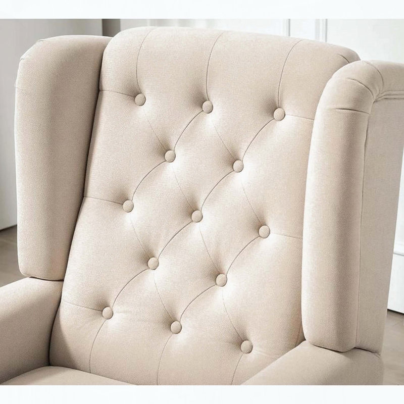 Chaise longue capitonnée beige avec pieds en bois massif, Tissu beige