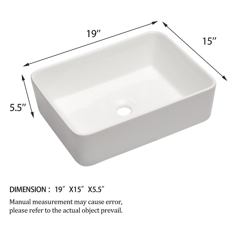 19"X15" White Ceramic Rectangular Vessel Bathroom Sink