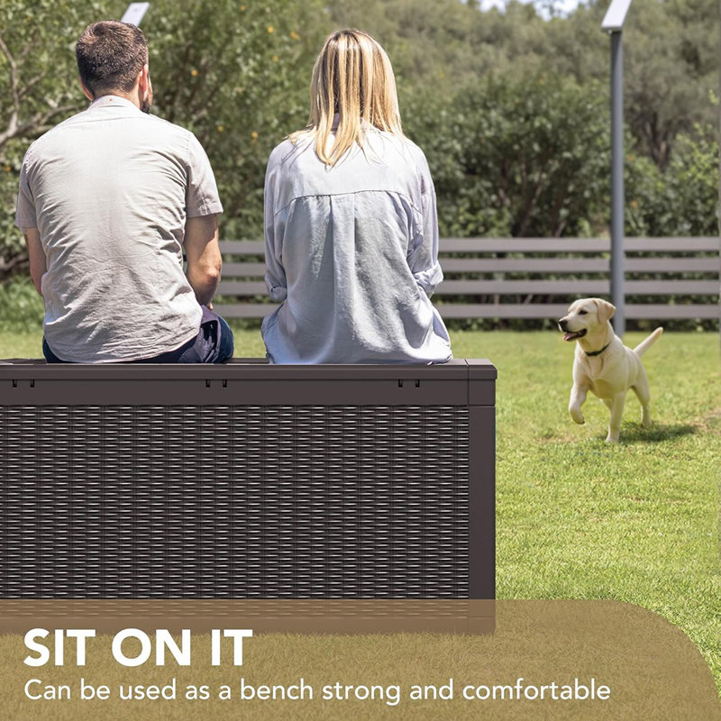 100-Gallon Waterproof Resin Deck Box, Lockable Storage Container For Indoor Or Outdoor Use – Patio Furniture Cushions And Garden Tools, Dark Brown