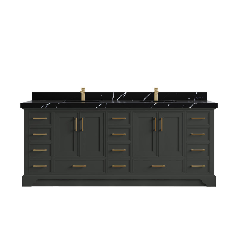 Meuble-lavabo double avec plateau Charlotte 84, Noir Calacatta