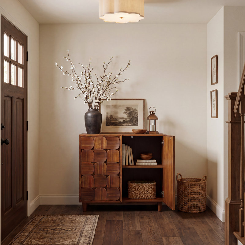 Meuble d'appoint géométrique à 2 portes en bois d'acacia de style Mid-Century avec étagères réglables, Brun