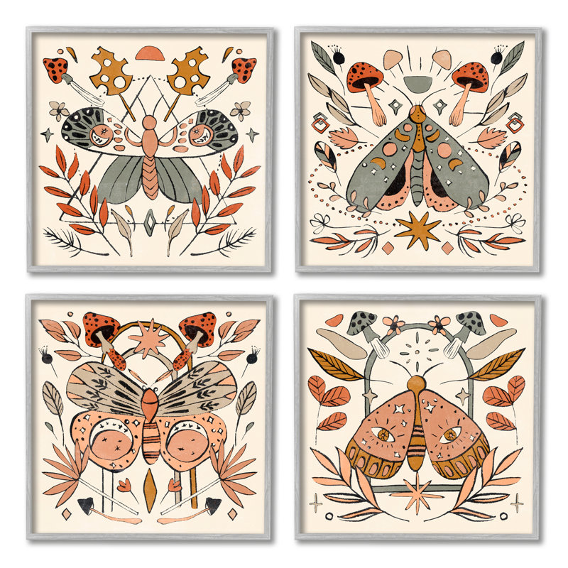 "Cottage Moths and Mushroom", 4 pièces par Melissa Wang, impression, H 17 po x l 17 po x P 1,5 po