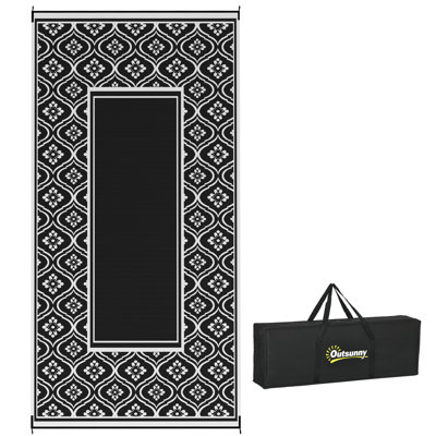 Tapis d'extérieur réversible, tapis de sol en paille de plastique imperméable 9 pi x 18 pi, tapis de camping portatif pour camping-car, grand tapis de jardin, de terrasse, de pique-nique, de plage, de bordure de gourde noire et blanche