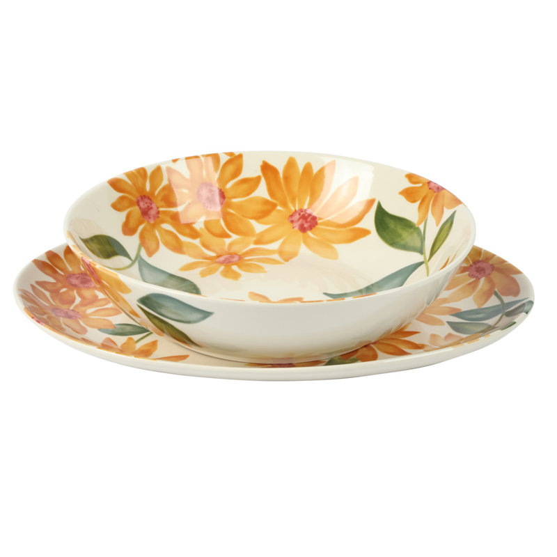 Ensemble de vaisselle en grès floral peint à la main 2 pièces Sunnyflower