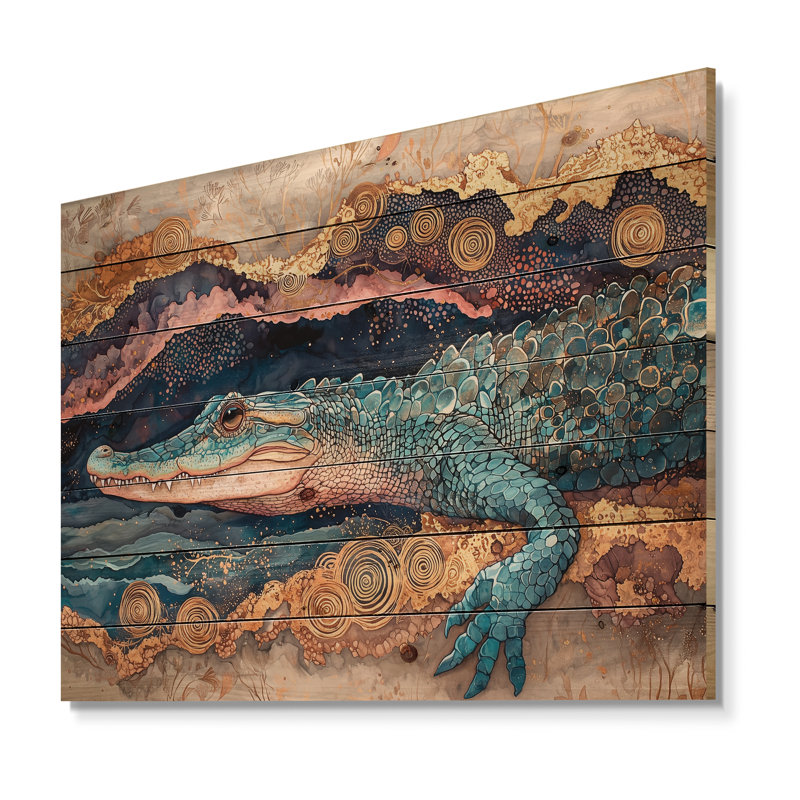 Alligator et reflets de marbre III - Art mural en bois animal crocodile - sur bois de pin naturel