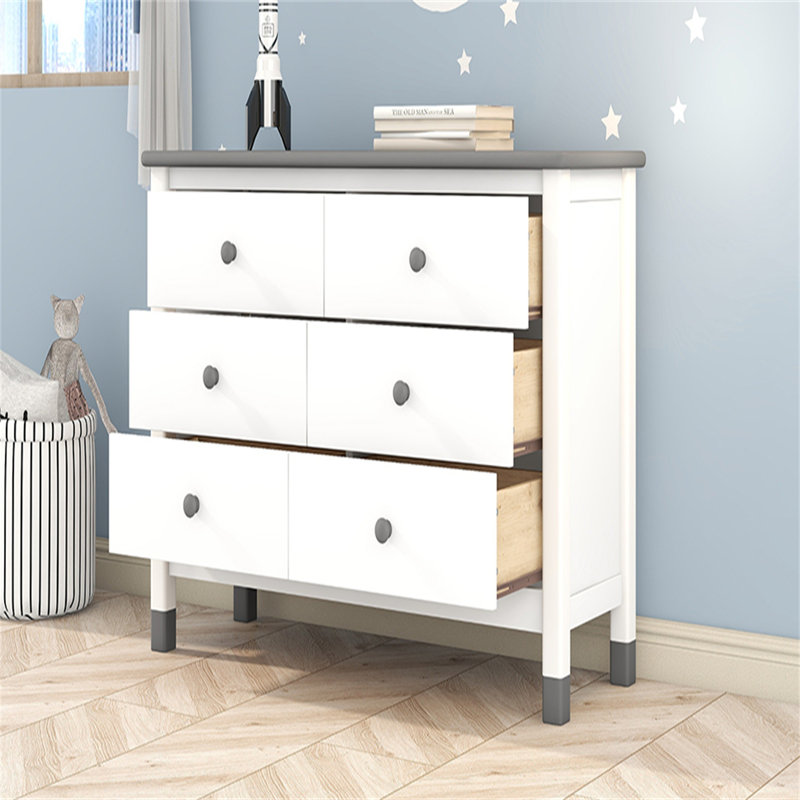 Commode de rangement 6 tiroirs en bois, Blanc gris
