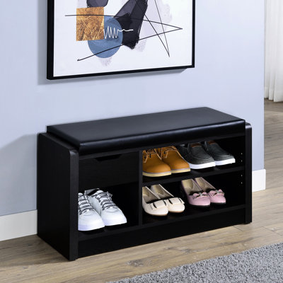 Banc de rangement noir à 1 tiroir, coussin en mousse garni de similicuir, bois d'ingénierie en stratifié de chêne, tablette réglable pour chaussures et vestibule ouvert polyvalent