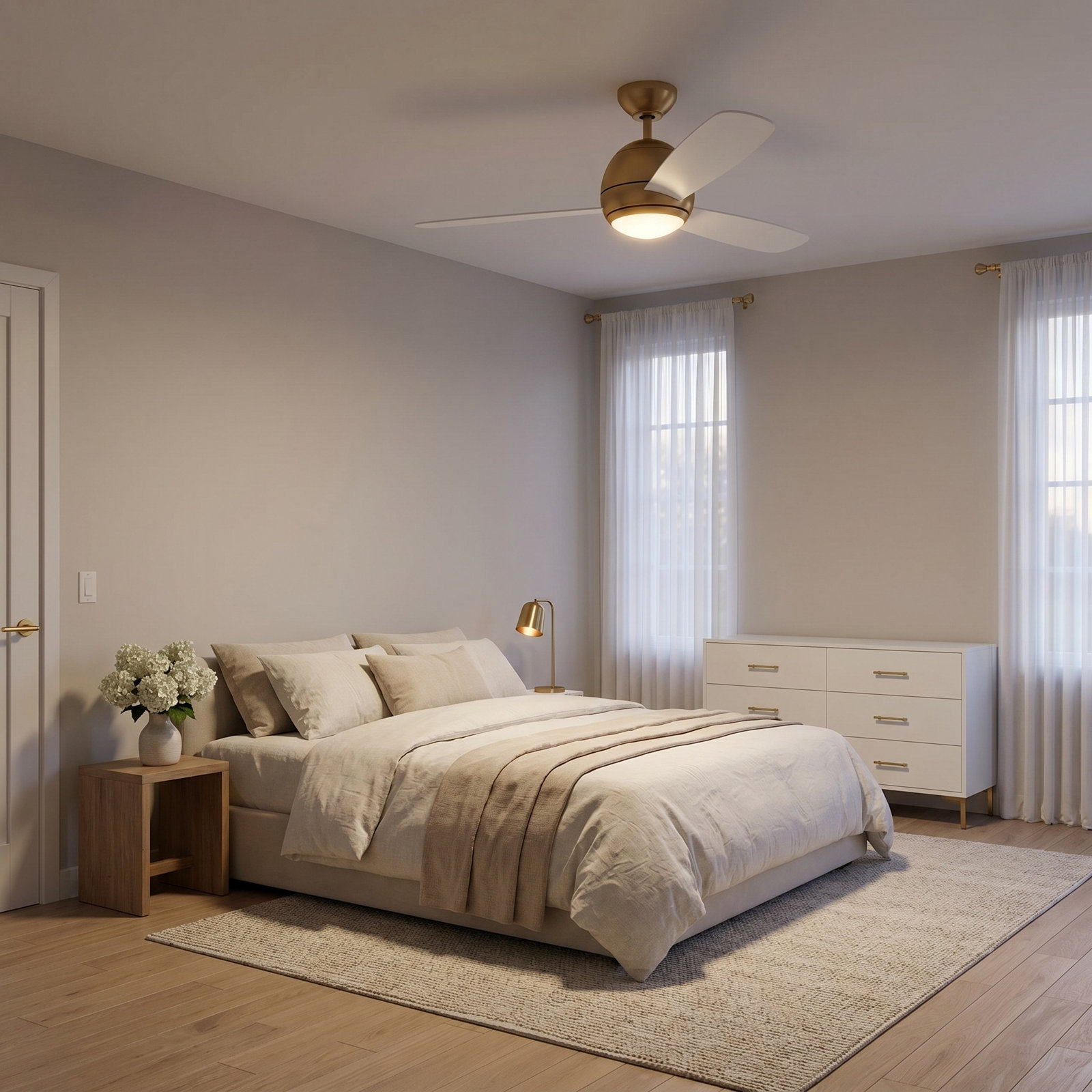 Erina 52" Ceiling Fan with Light Kit, Matte White, Satin Brass
