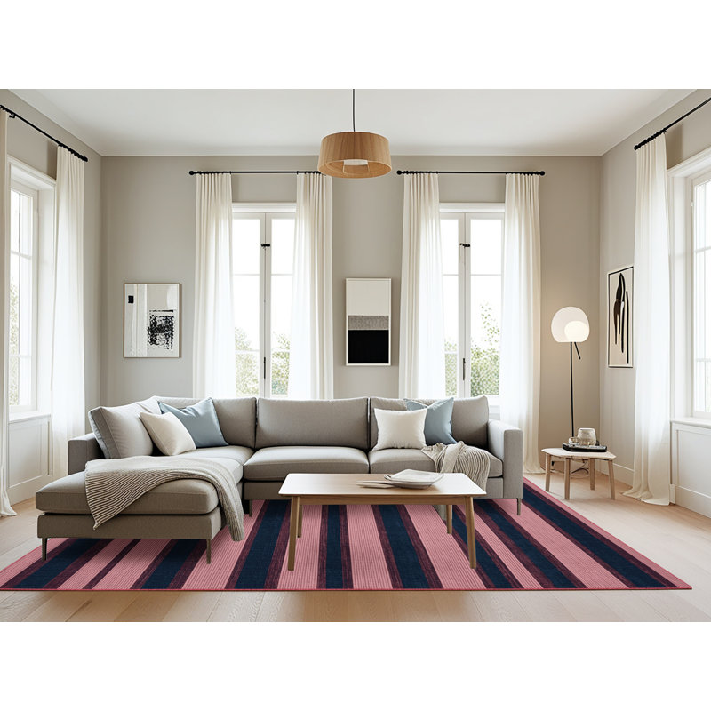 Machine Washable Horizontal Stripes Pink Area Rug, Rectangle 8' x 12'