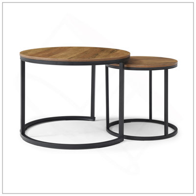 Ensemble de 2 tables basses gigognes à plateau de table rond avec cadre en métal robuste, centre de table, salon, chambre à coucher, appartement, table de chevet simple, industrielle