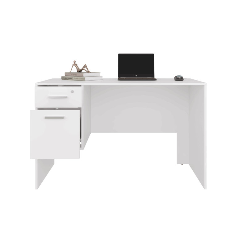 Modern Office Desk With Two Drawers And Side Storage, Compact Computer Workstation For Home Office Or Study Room, White