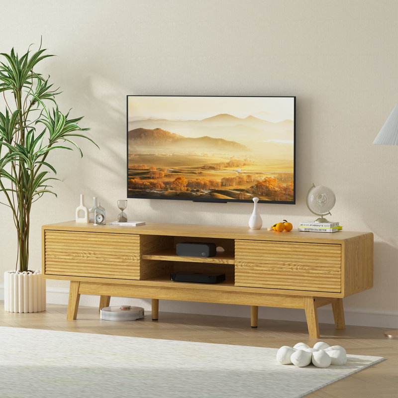 Meuble télé Mid-Century moderne avec portes coulissantes pour téléviseur de 65 po ou moins