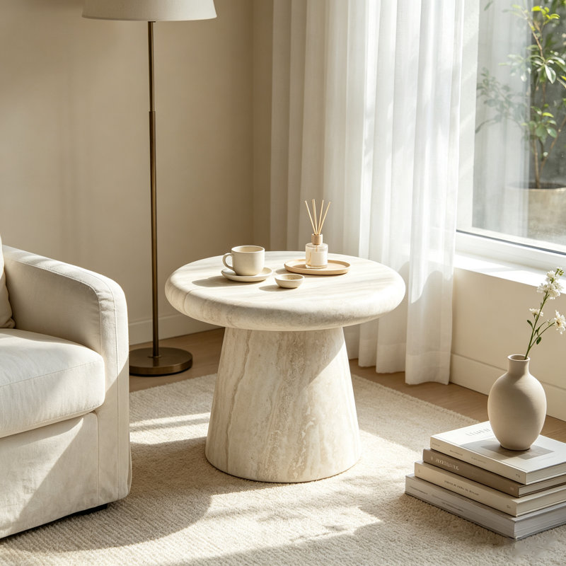 Table basse ronde en fibre de verre de 55 cm (21,65 pouces) avec motif travertin et base cylindrique intégrée, table d'appoint basse pour salon, aucun assemblage requis