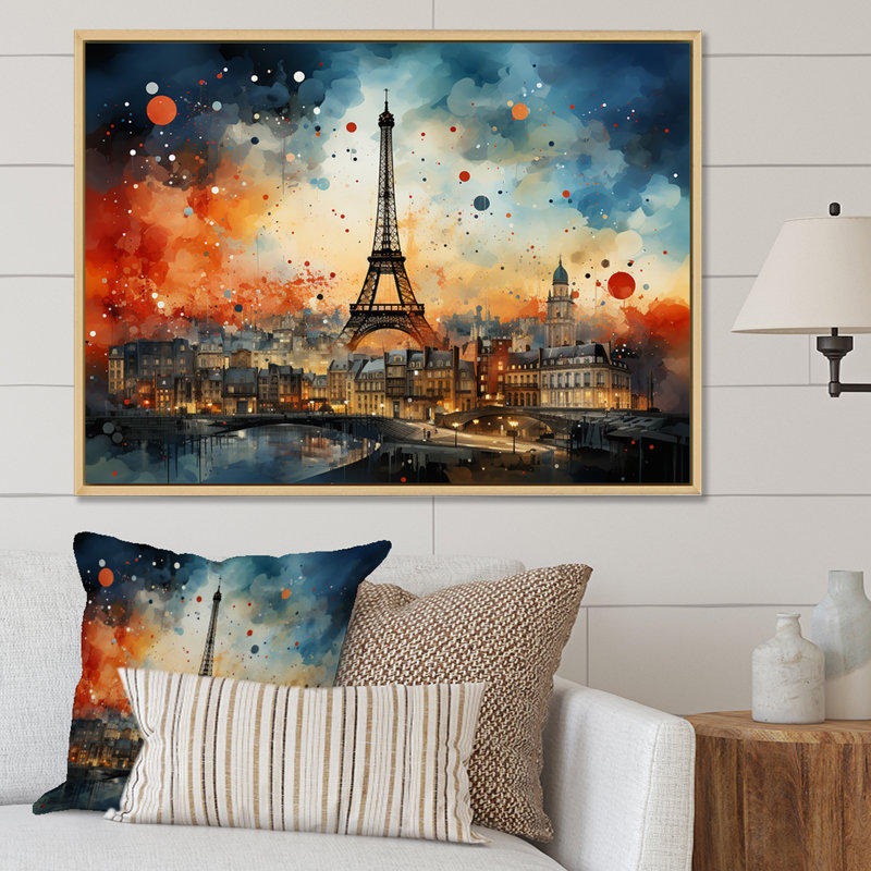 Vue du coucher du soleil de Paris de la Tour Eiffel - Art mural de la ville de Paris, Cadre flottant blanc
