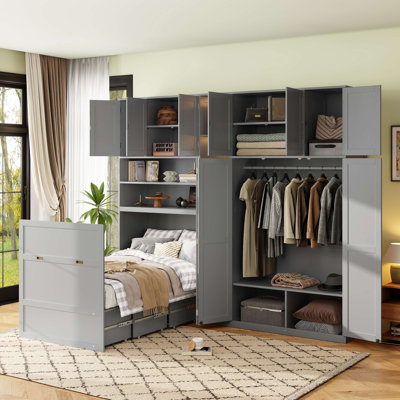 Murphy Cabinet Bed With Wardrobe & Storage Shelves, 5-Tier LED Display Shelves, Overhead Cabinets