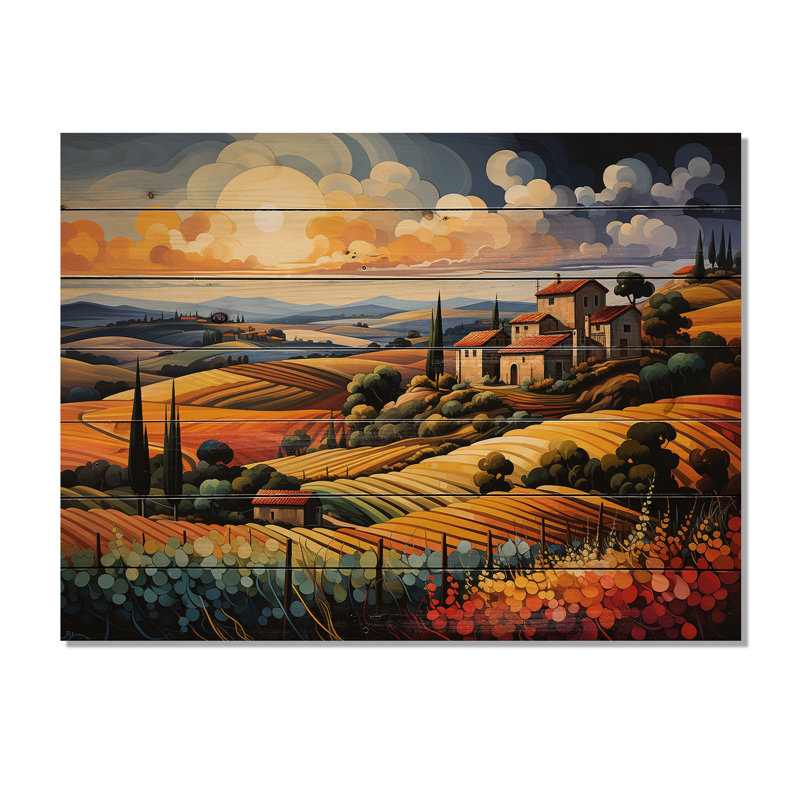 Italie, Toscane, vignobles, V, impression sur bois, H 30 po x l 40 po x P 0,78 po