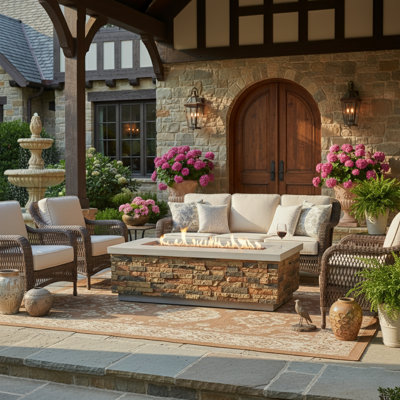 18“ H x 60" W Rectangular Outdoor Natural Gas Fire Pit Table in Faux Stone and Concrete Top 60000BTU
