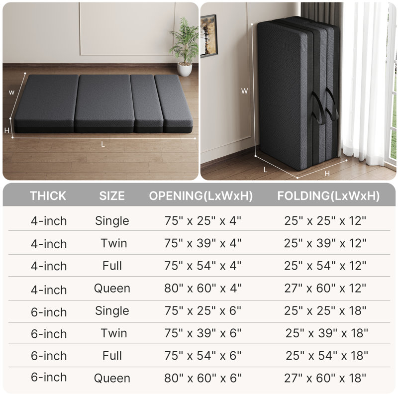 5-in-1 Quad-fold Convertible Sleeper Sofa Bed - Single Size, 4" Quad-fold Floor Mattress, Dark Gray