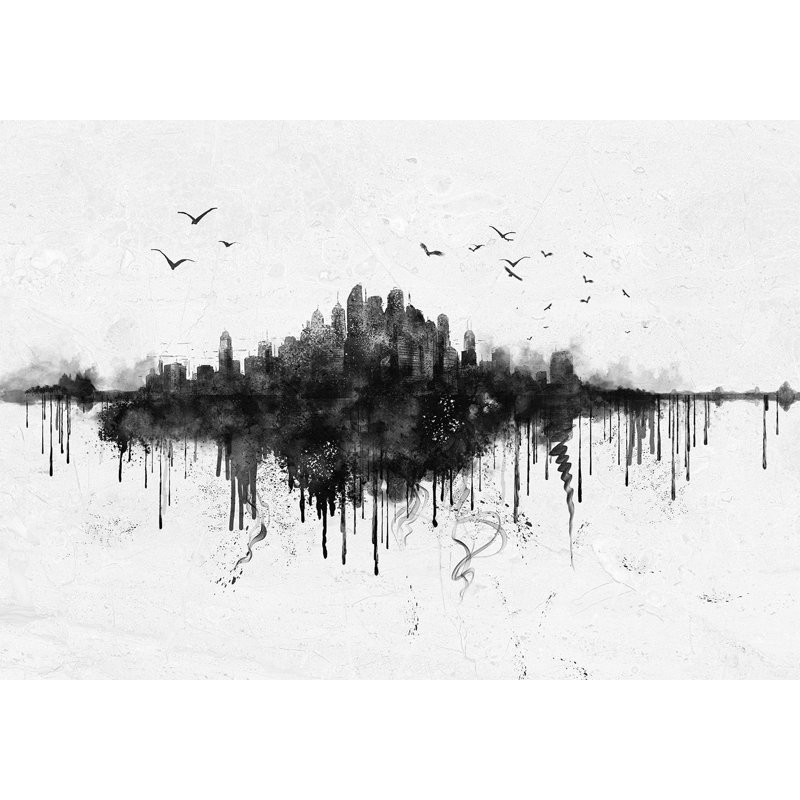 Papier peint de qualité supérieure - Aquarelle vue de la ville, L 82 po x l 118 po