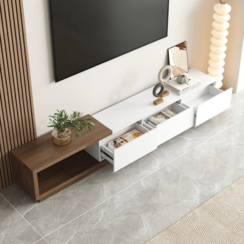 Tymeo 100.4'' W Modern TV Stand Retracted & Extendable 3-Drawer Media Console Walnut, White/Wood