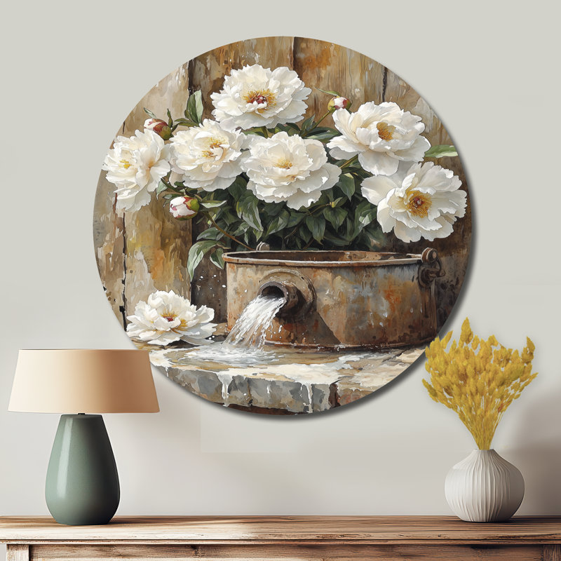Pivoines par l'arrosage I - impression de décoration murale en métal blanc traditionnel, H 36 po x l 36 po
