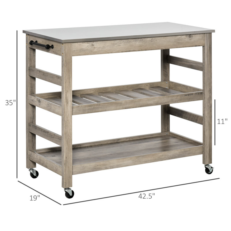 HOMCOM Rolling Kitchen Cart with Stainless Steel Countertop,2 Shelf and Castor Wheels, Grey