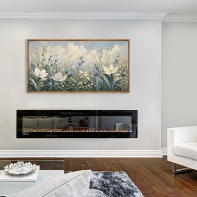 Art mural encadré, peinture de jardin sauvage bleu sauvage, grande œuvre d'art horizontale de la nature pour le salon