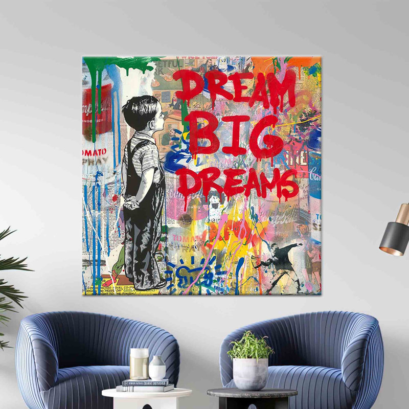 Toile imprimée moderne: art graffiti Banksy, décoration murale Dream Big Dreams, or 1P, H: 47,3 po x l: 47,3 po