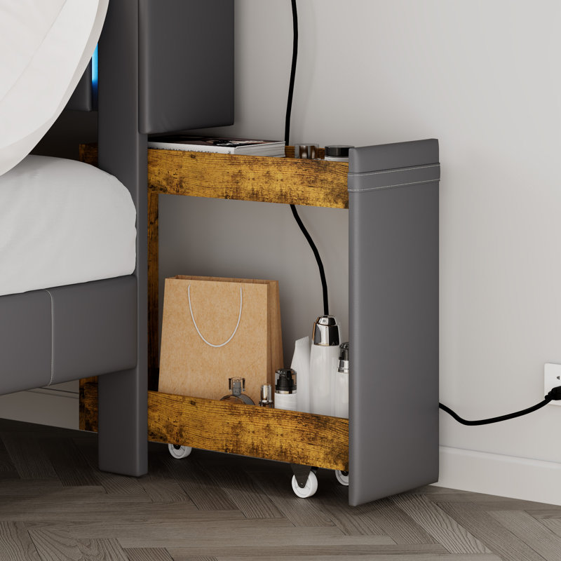 Modern Bed With 2 Nightstands, Charging Station And Colorful Led Light, Gray