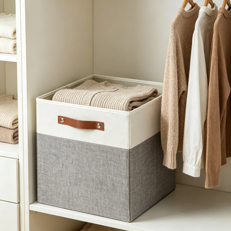 Bacs de rangement pliables en tissu avec 2 poignées en polyuréthane renforcé, paniers de rangement pliables pour placard, tablettes, salon, 11 x 11 x 11 po, paquet de 4, gris et blanc