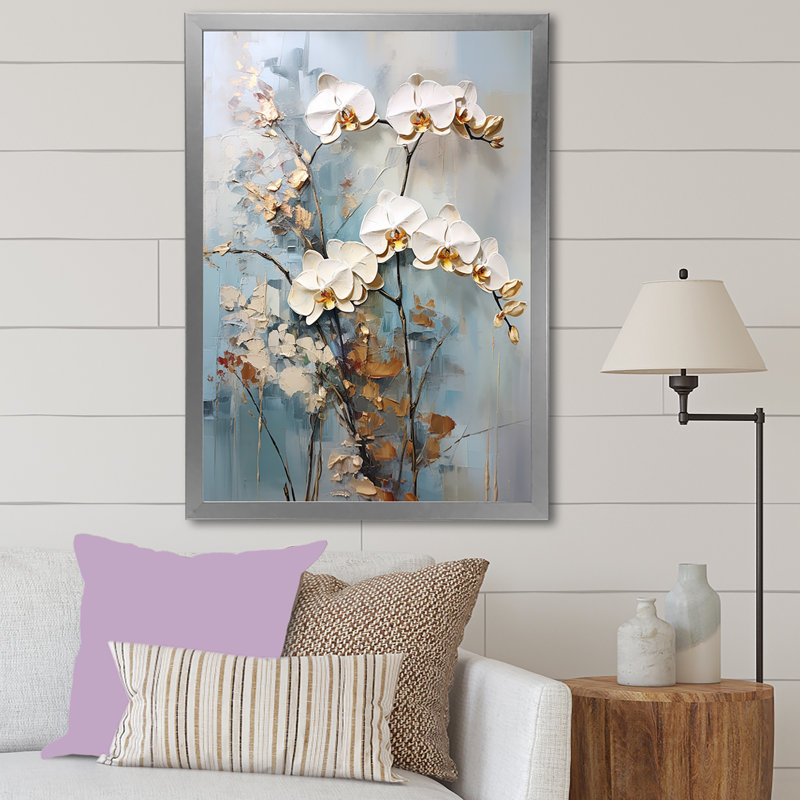 Orchidée beige et or sur toile, Cadre simple argenté, H 32 po x l 16 po x P 1 po