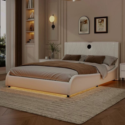 Luxurious Faux Leather Upholstered Platform Bed With Thickened Headboard, Bluetooth Speakers And RGB LED Light, No Box Spring Needed