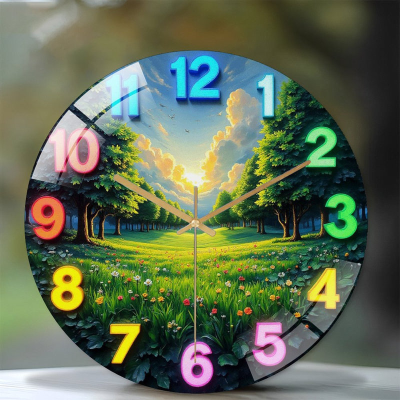 Horloge murale colorée avec art de paysage naturel - horloge murale moderne en verre 12 po
