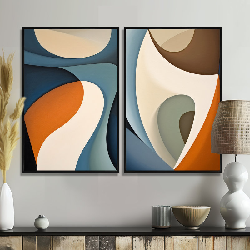 «Blue Orange Symmetric Visions - Abstract Shapes», art mural, Floater Framed Print without Mat, Black, 36" H x 48" W