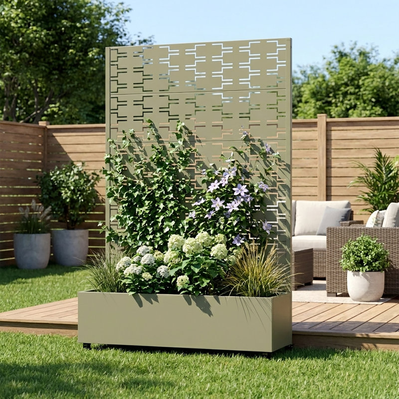 Boîte à fleurs en métal galvanisé avec treillis Forson, H 72 po x l 47 po x P 16 po, Vert olive