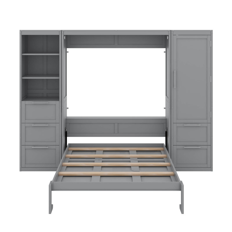 Grand lit escamotable mural avec placard, tiroirs et tablettes, gris