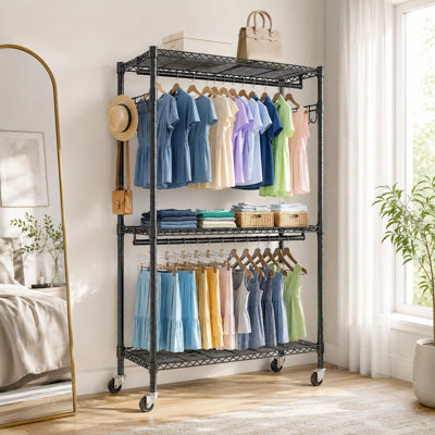 Rolling Clothes Rack, 35.5" Heavy Duty 3-Tier Adjustable Wire Shelving Garment Rack with 2 Hanging Rods, Side Hooks & Lockable Wheels, Portable Closet