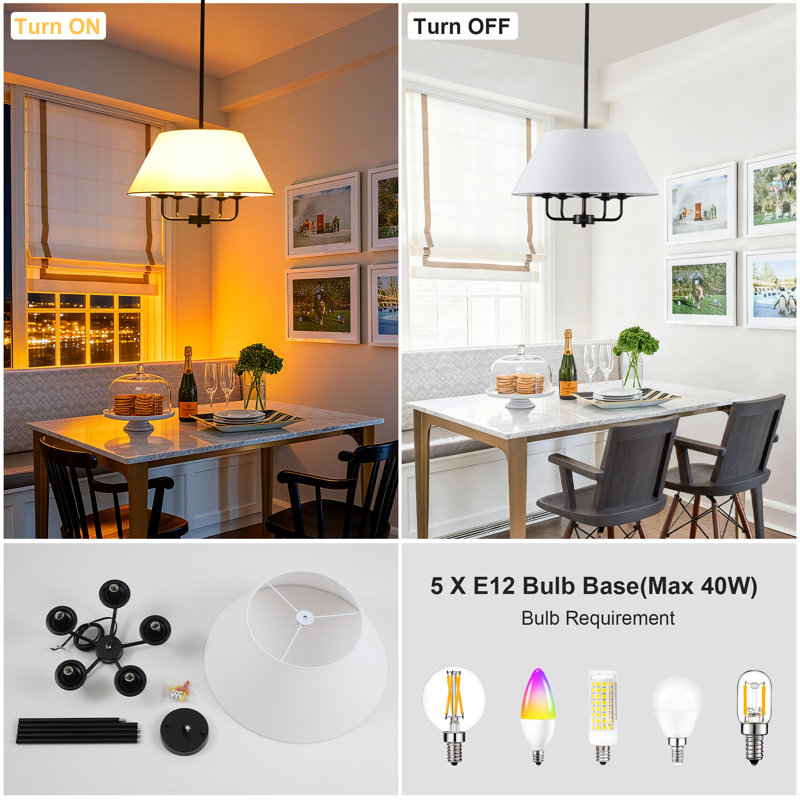  5 - Light Dimmable Farmhouse Candle-Style Cone Chandelier Round Drum Shade Light Fixture, Matte Black