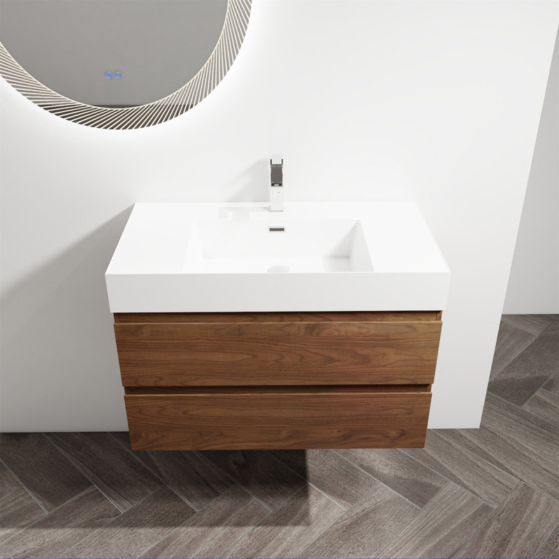 Meuble-lavabo mural 36 po avec lavabo en résine, Chêne brun