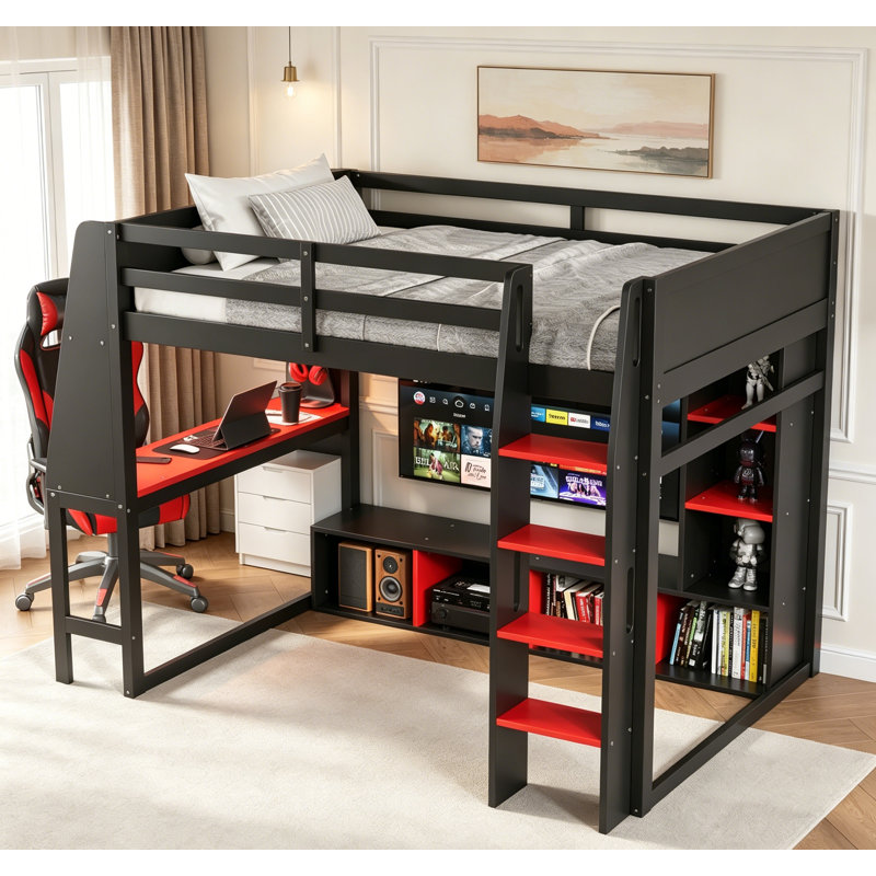 Lit mezzanine simple en bois avec bureau, étagères à rangement multiples, DEL et support à vêtements suspendu pour économiser de l'espace et être multifonctionnel