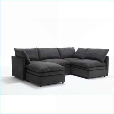Sectional Sofas | Modern 5-Seat U-Shaped Modular Sofa with Chaise for Living Room Apartment | Dark Gray | Wood