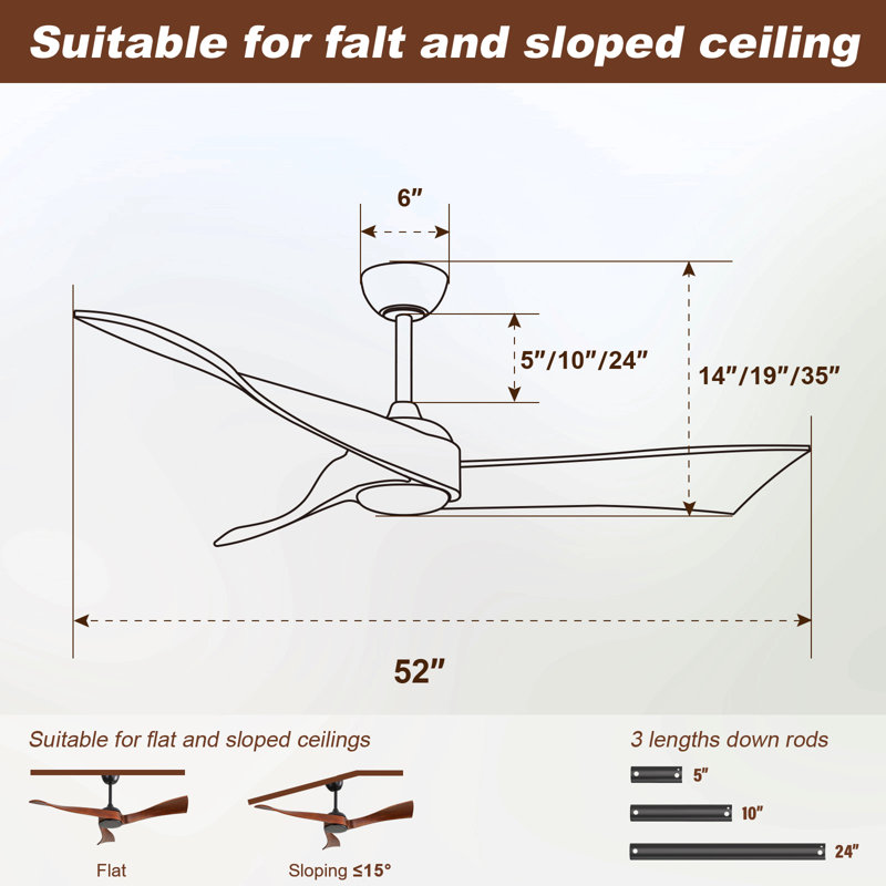 52 Inch Indoor Modern Ceiling Fan No Light 6 Speed Remote 3 Solid Wood Blade Reversible Dc Motor For Living Room