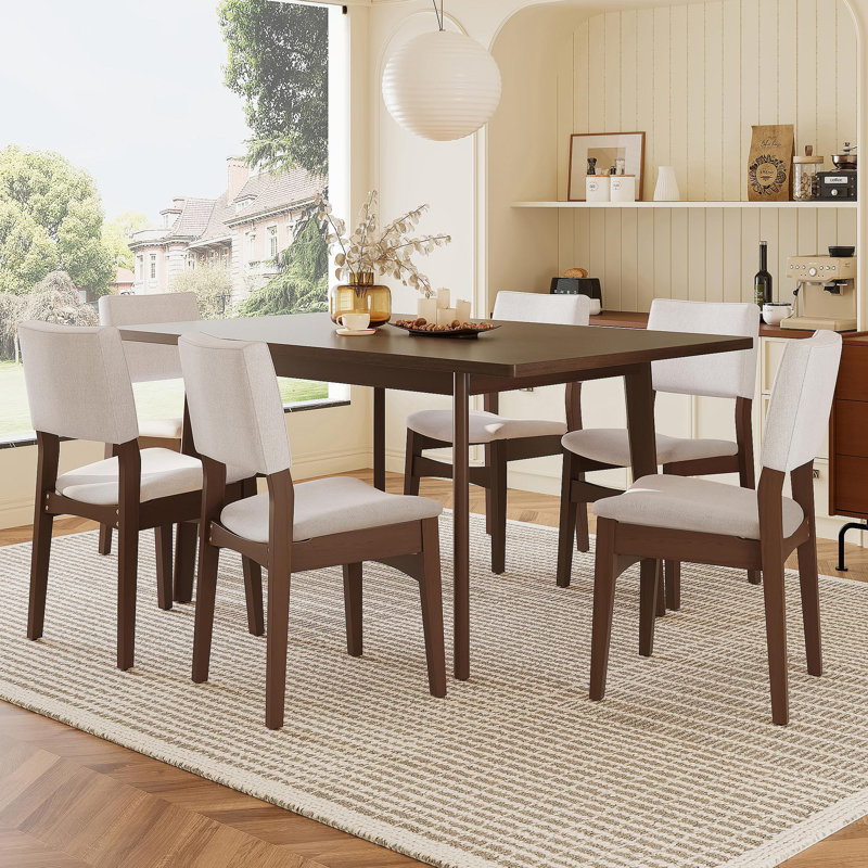 Ensemble de salle à manger moderne 7 pièces - Table rectangulaire en bois massif et chaises rembourrées en lin, finition noyer avec tissu beige pour la cuisine / salle à manger, noyer foncé